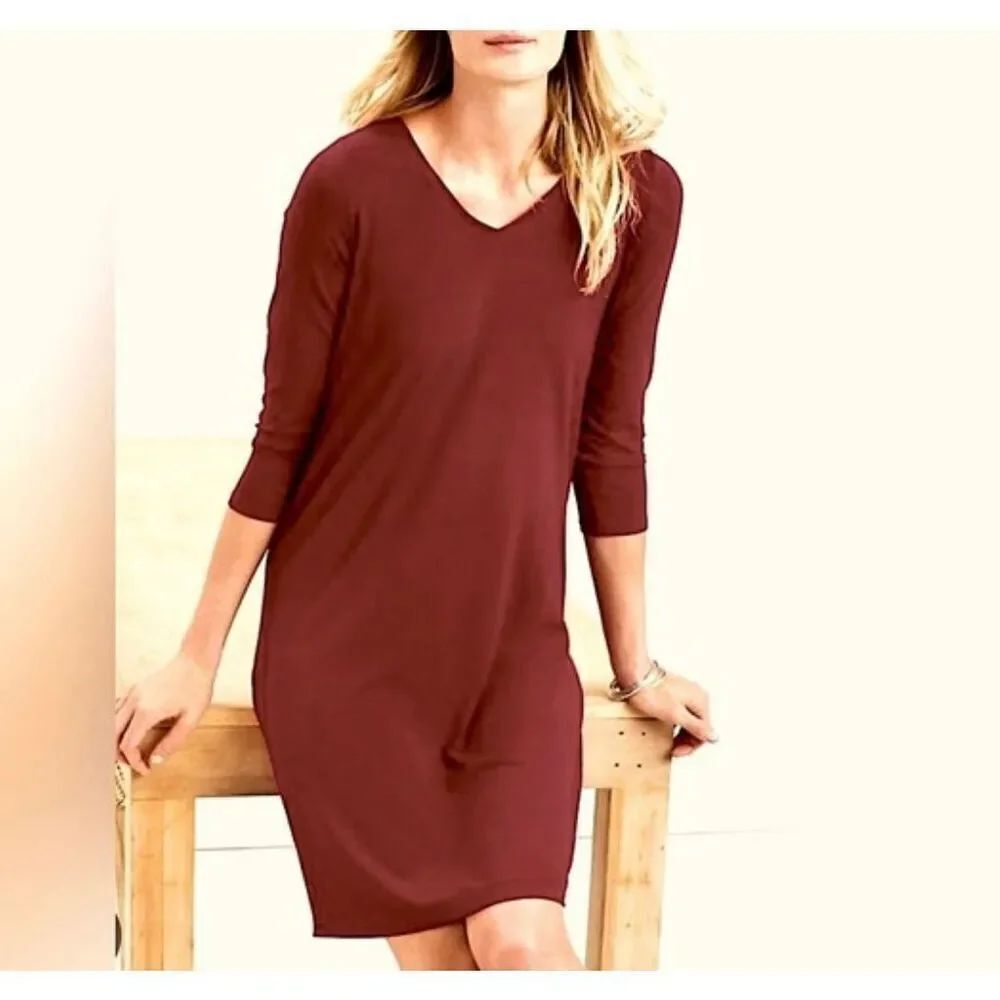 Eileen Fisher maroon tencel jersey vneck dress size M